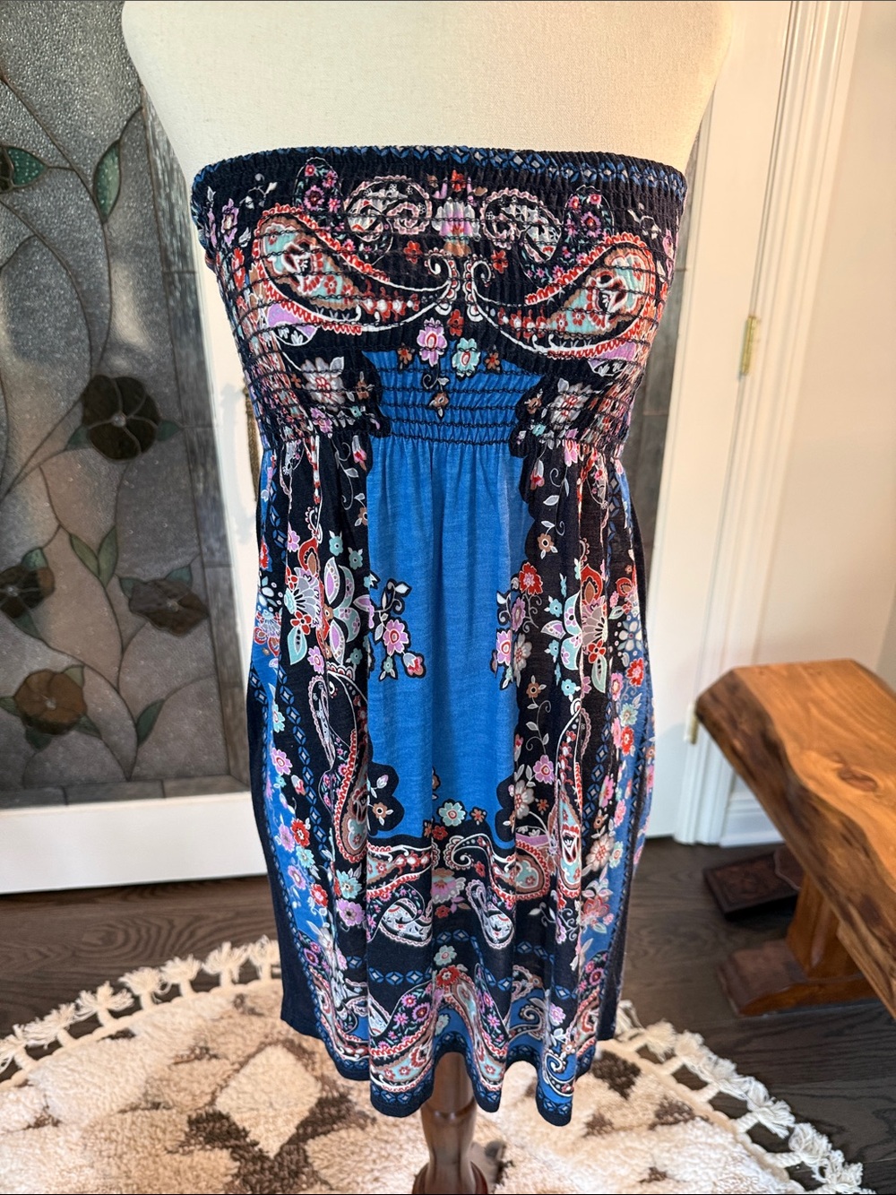 Blue Floral Strapless Summer Dress